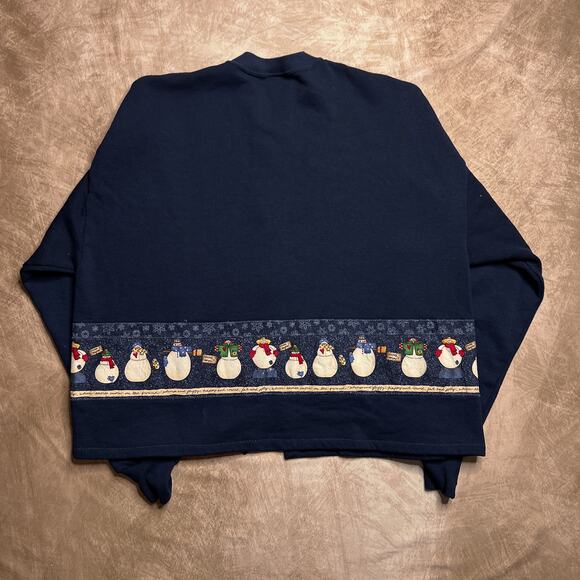 Vintage 90s Jerzees Handmade Snowman Cardigan Sweater Patchwork Navy Christmas - Picture 2 of 8